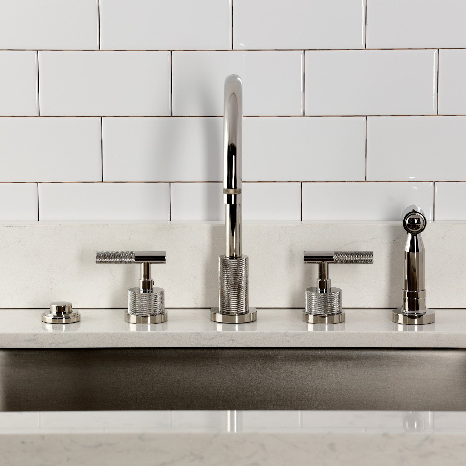 Kingston Sona KS8726KNLBS - Convergent Double-Handle 4-Hole Widespread Kitchen Faucet with Knurled Handle 4-Hole and Brass Sprayer, Polished Nickel — thumbnail 3